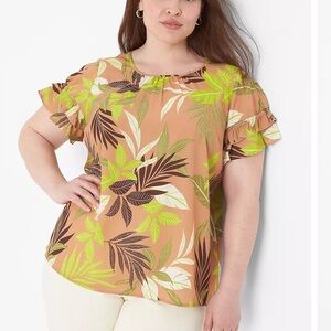 Lane Bryant Tropical Leaf Ruffle Blouse - Brown and Green in botanical leaf